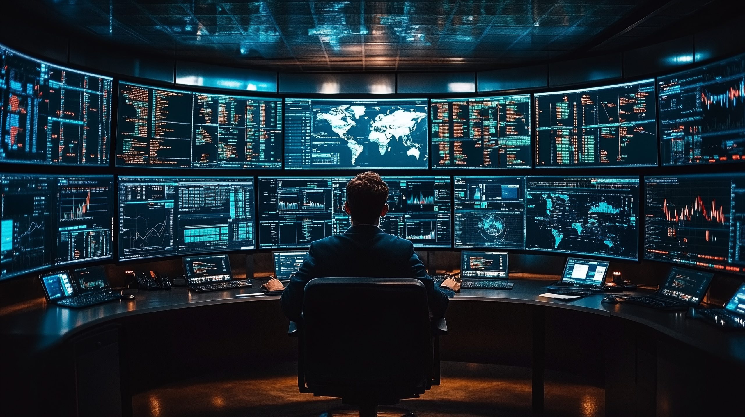 Cybersecurity Analyst at Work: A lone figure sits before a wall of high-tech monitors, displaying complex data streams and a world map, symbolizing global cybersecurity vigilance and data protection.
