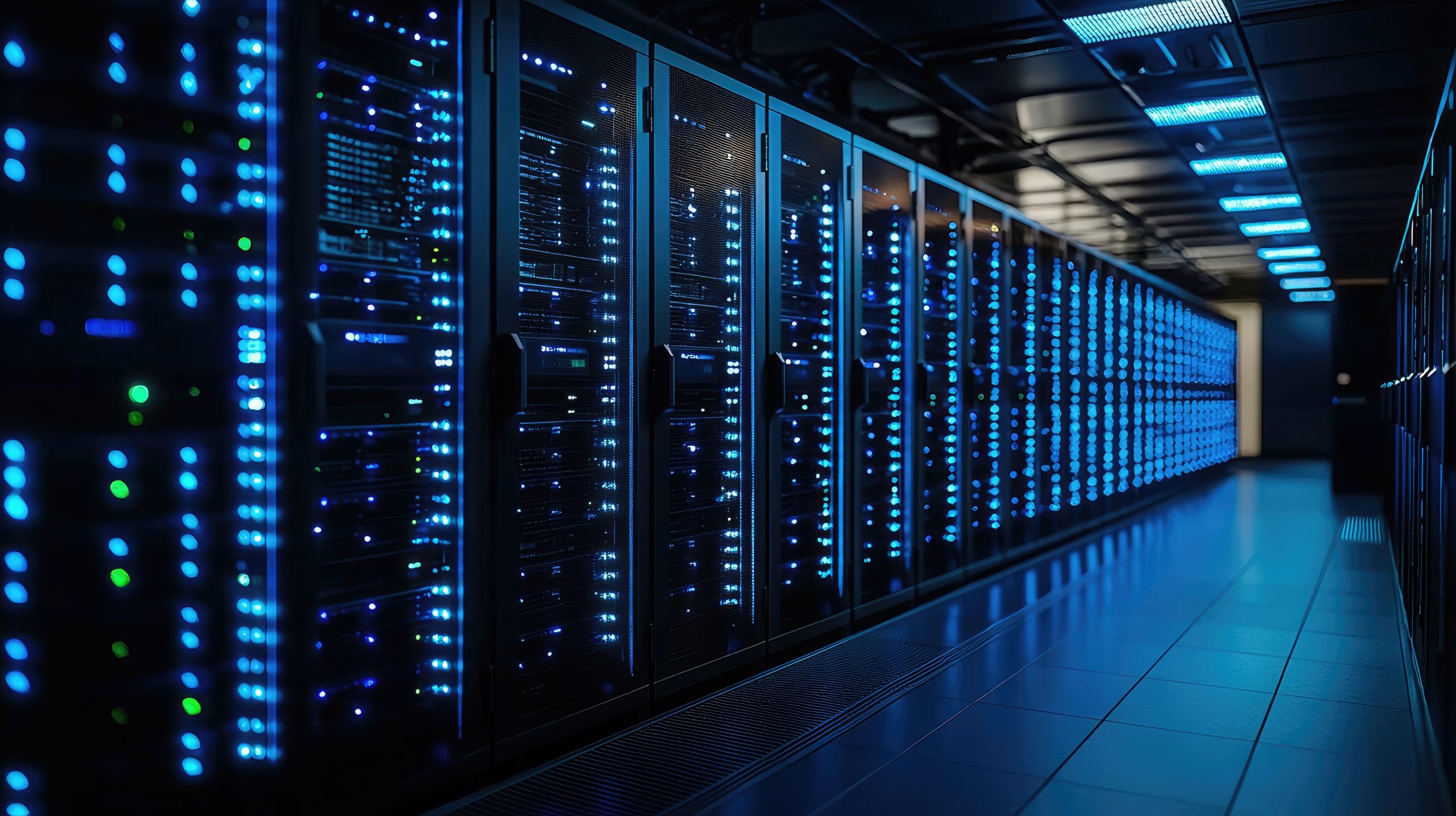 Modern data center with rows of illuminated server racks, representing cloud computing, cybersecurity, and digital infrastructure. Ideal for IT, security, and networking concepts