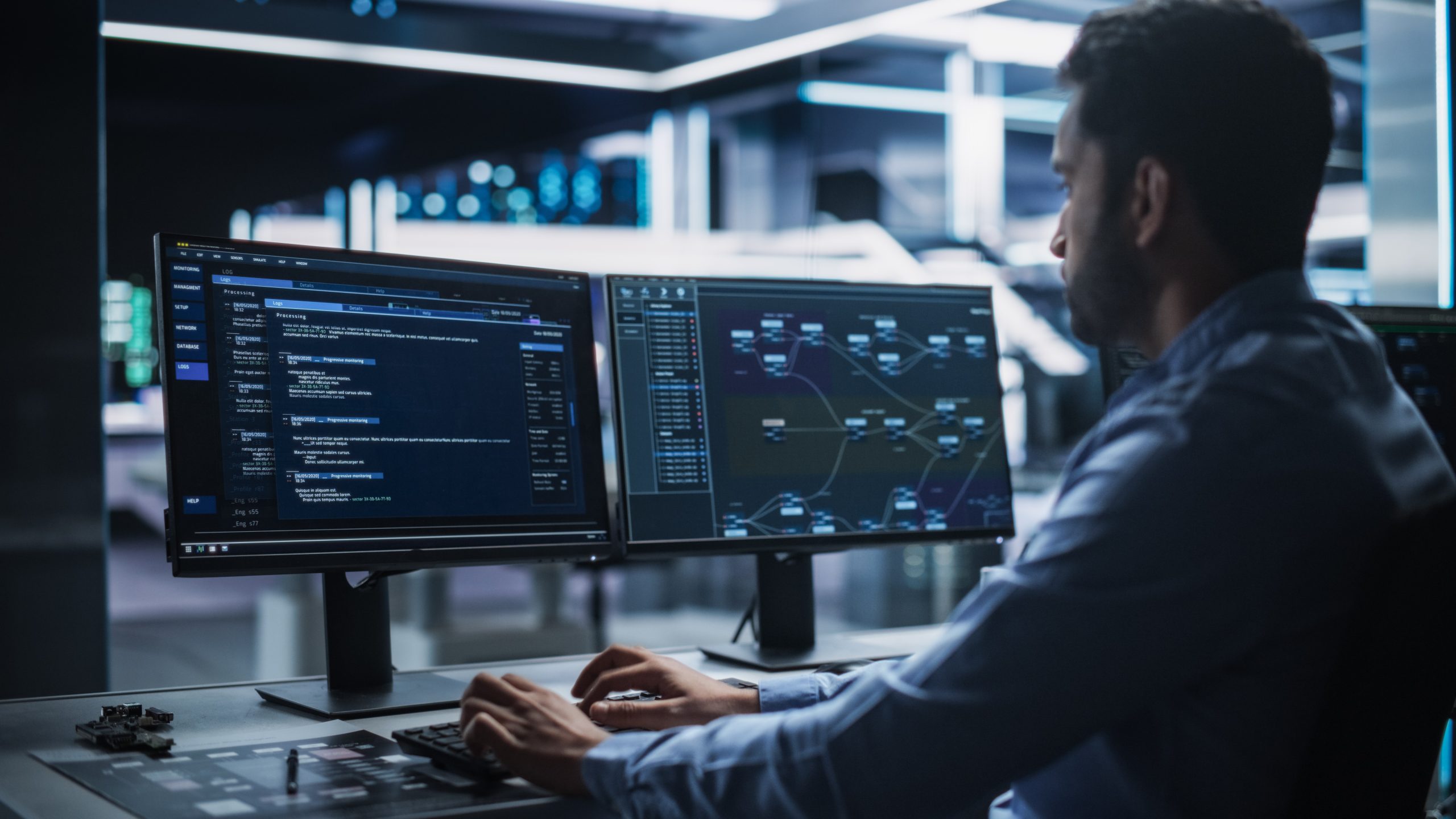 IT Specialist Administrator Working on Computer, Screen Showing Big Data AI Analysis and Code. Web Services, Machine Learning, Analytics Facility, Cyber Security. High-Tech Data Center Server Control